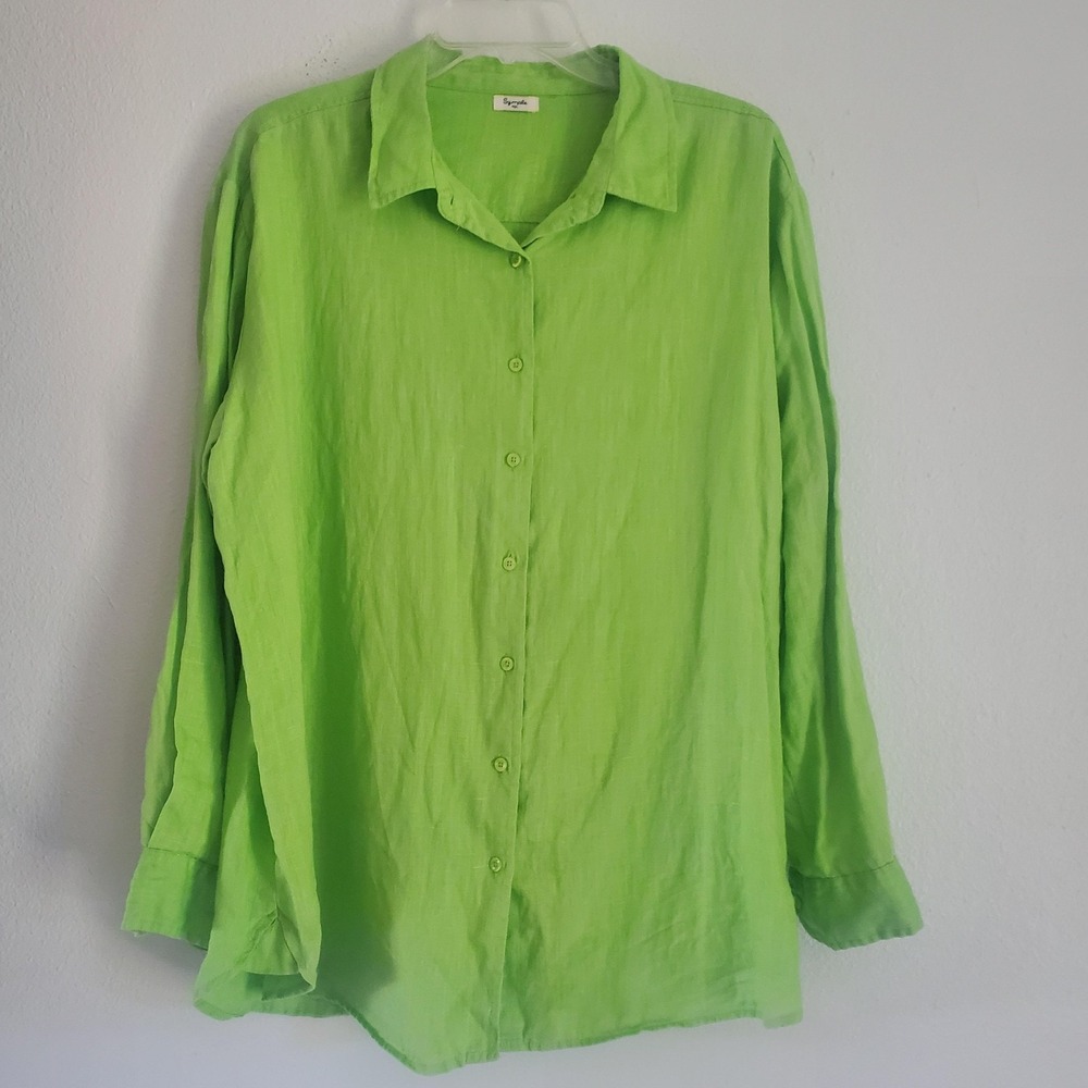 Symple NY Shirt Womens Large Green‎ 100% Linen Button Up Long Sleeve Lightweight
